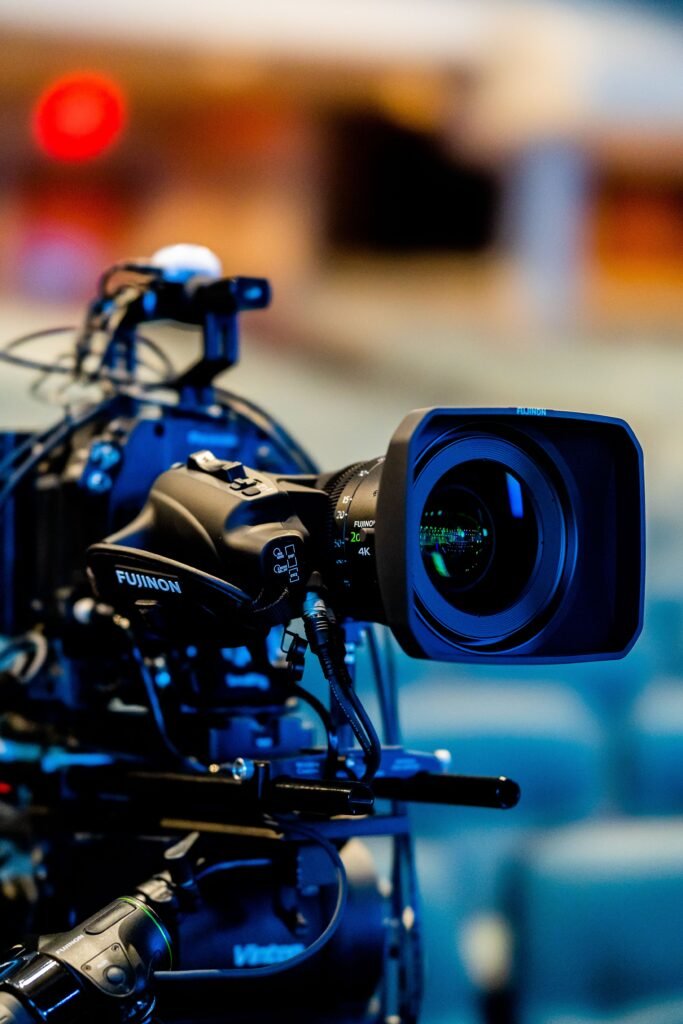 High-quality close-up of a professional video camera used in filming and broadcasting.